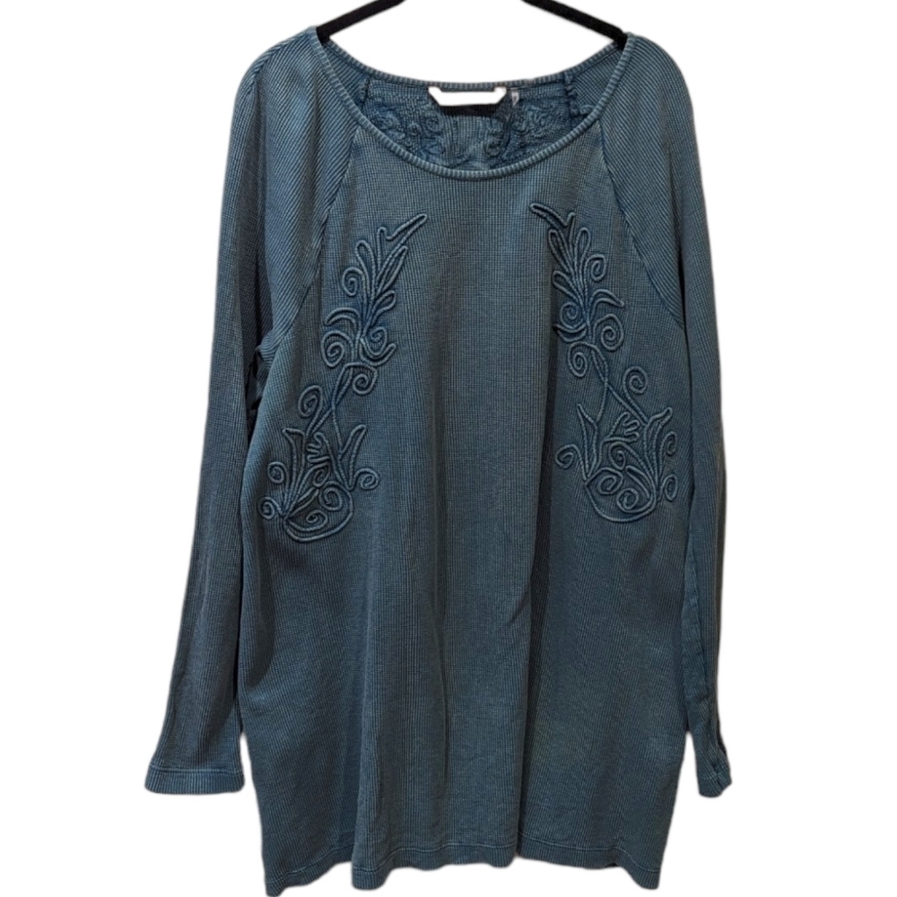 Soft Surroundings Camden Waffle Knit Embroidered Longsleeve Blue/Green Tunic (L)